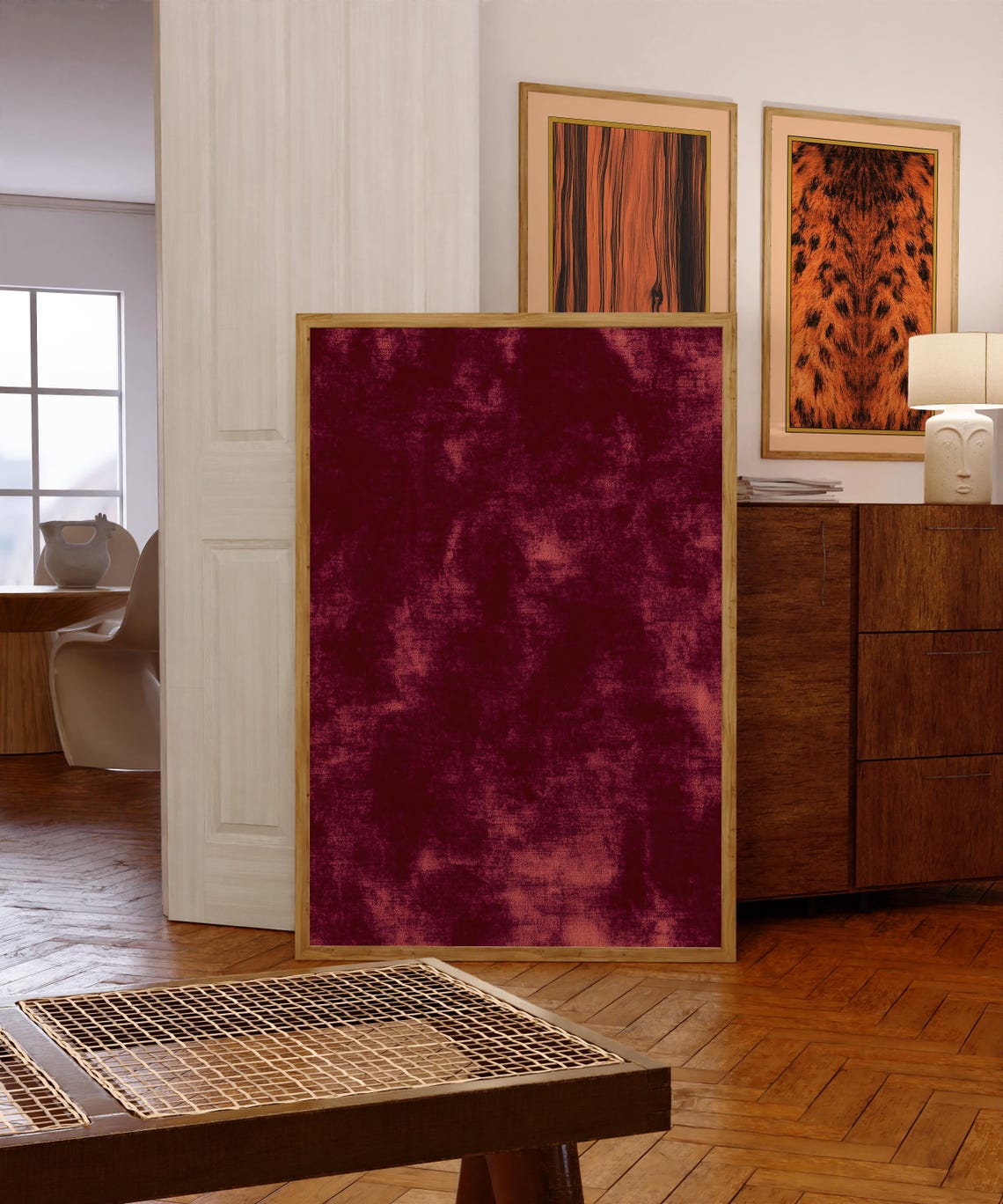 Deep Red Velvet Textured Abstract Moody Retro Style Wall Art - Image 5