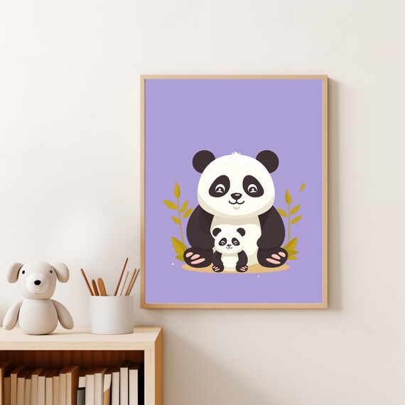 Mommy And Baby Panda With Bamboo Purple Nursery Wall Art Poster