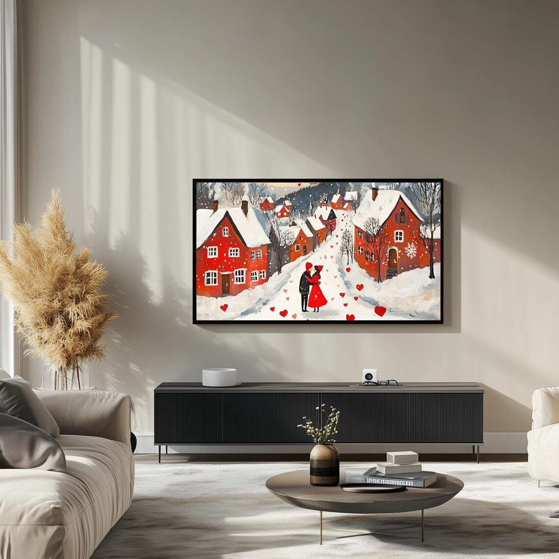 Snowy Village Couple Embrace Red Hearts Winter Romance Painting Print - Image 3