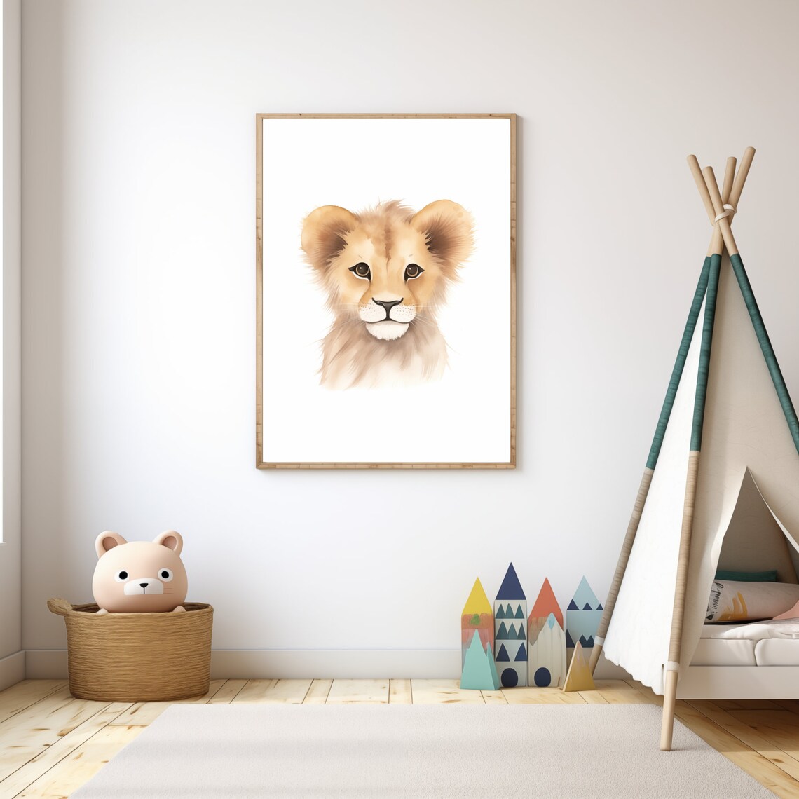 Sweet Lion Cub Portrait Watercolor White Safari Nursery Wall Poster - Image 3