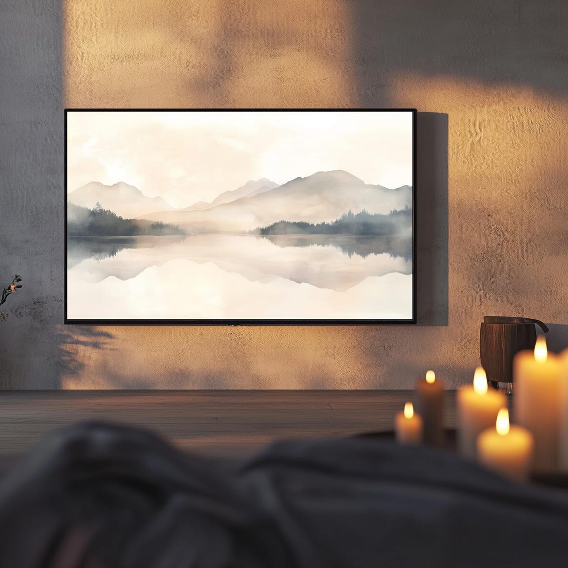 Neutral Mountain Lake Reflection Watercolor Landscape TV Poster - Image 3