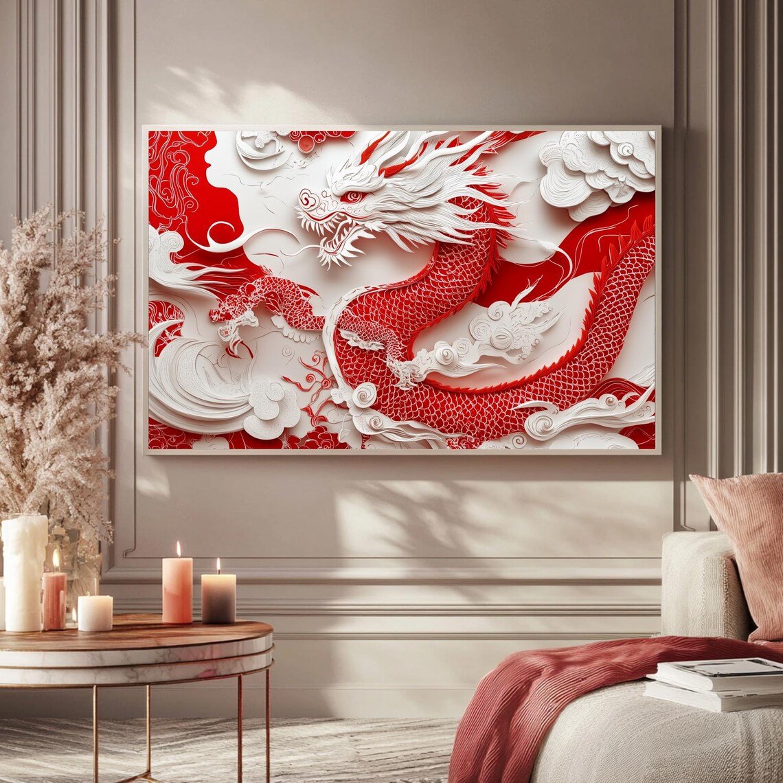 Red Papercut Dragon Clouds Chinese Zodiac Art Frame TV Poster - Image 5