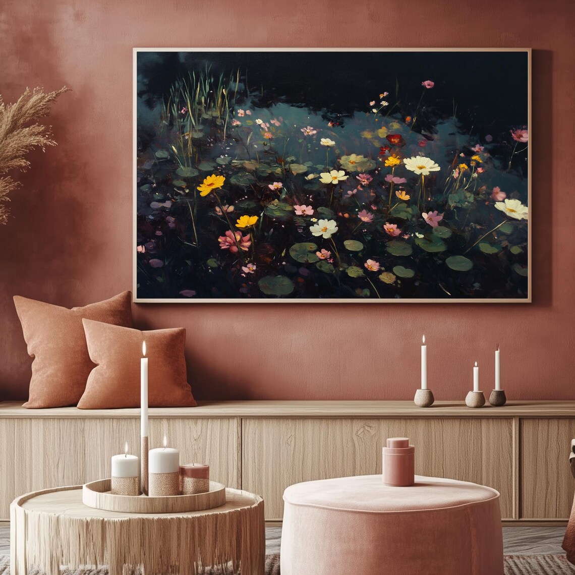 Colorful Wildflowers Dark Lake Moody Botanical Painting TV Poster - Image 2