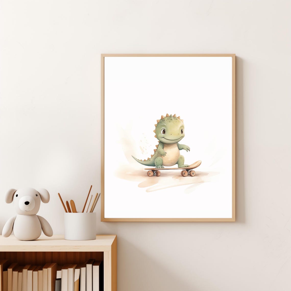 Happy Baby Dinosaur Skateboard Green Watercolor Nursery Wall Poster - Image 2
