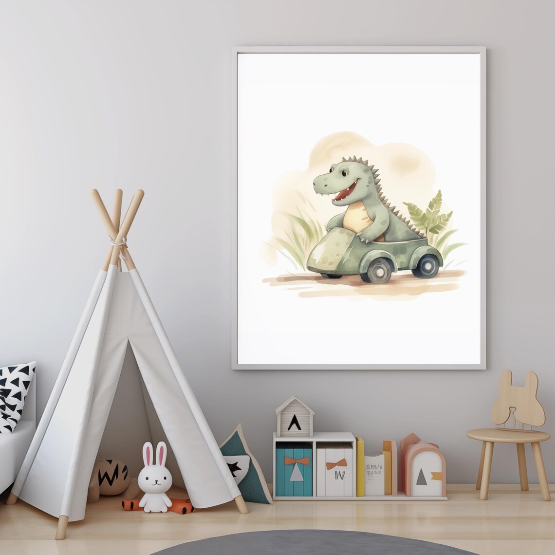 Baby Dinosaur Driving Green Toy Car Watercolor Nursery Wall Art - Image 5