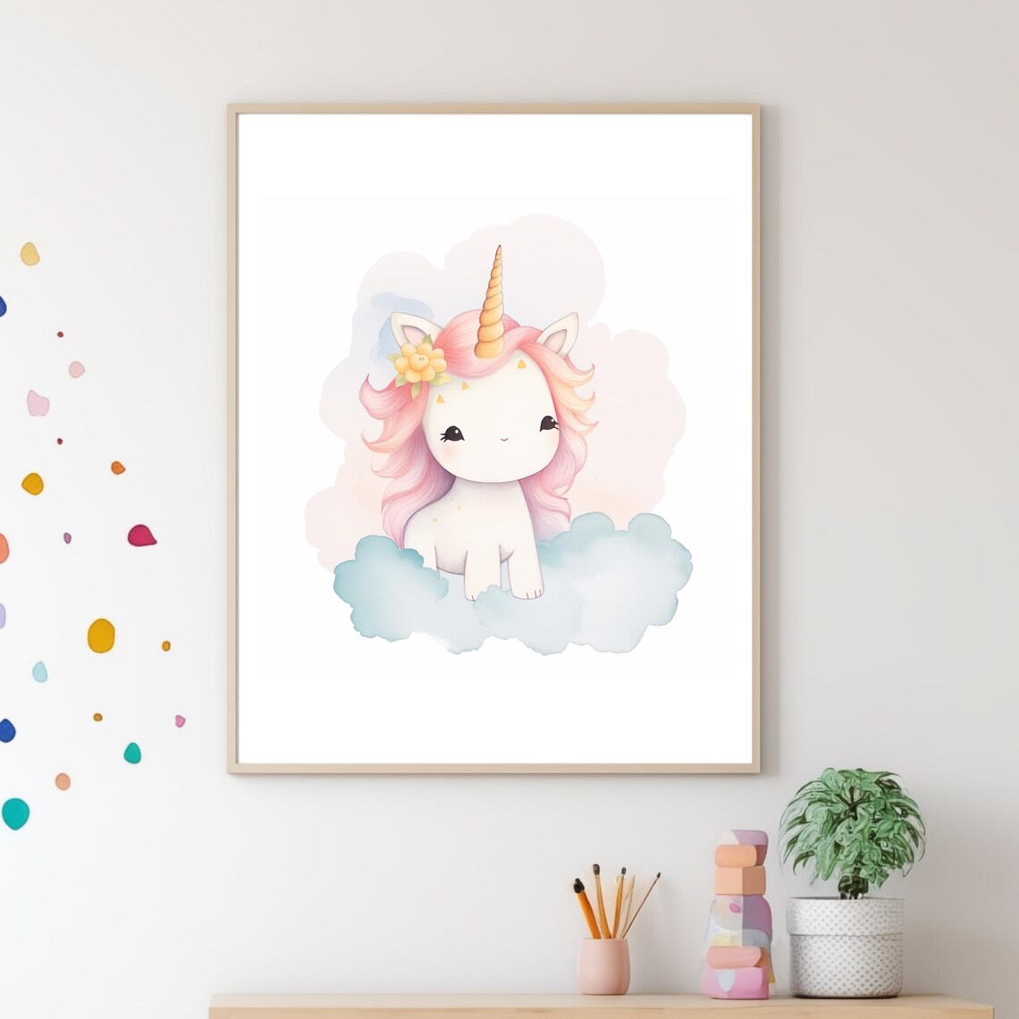 Cute Baby Unicorn Watercolor Clouds Sweet Nursery Wall Art Poster