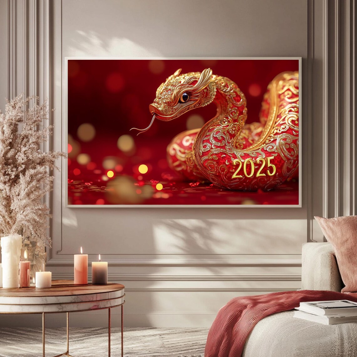 Red Gold Snake 2025 Lunar New Year Zodiac Art Frame TV Poster - Image 5