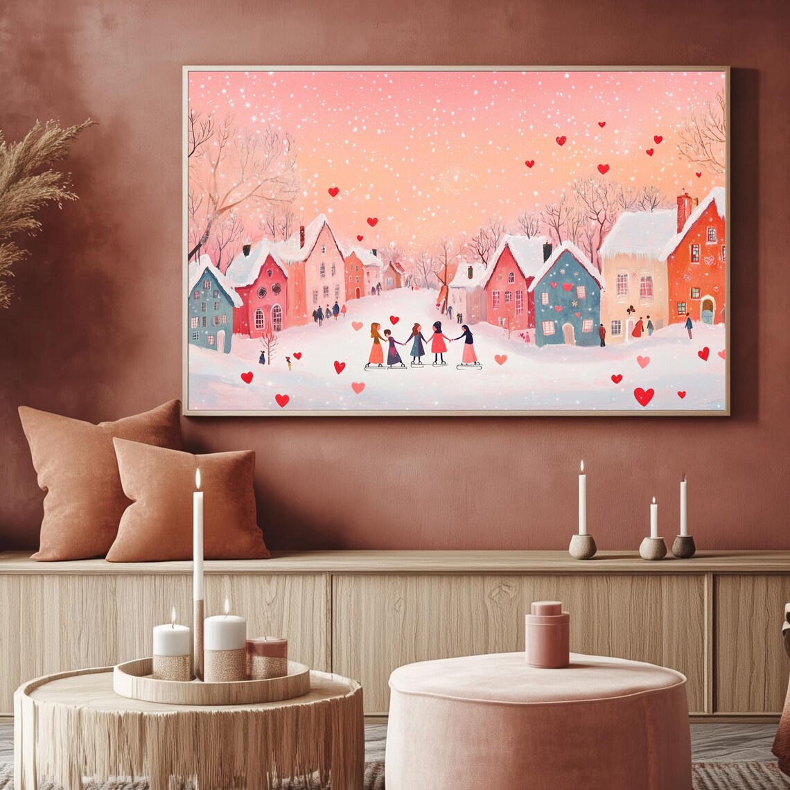Girls Holding Hands Ice Skating Snowy Village Hearts Galentine Art - Image 2
