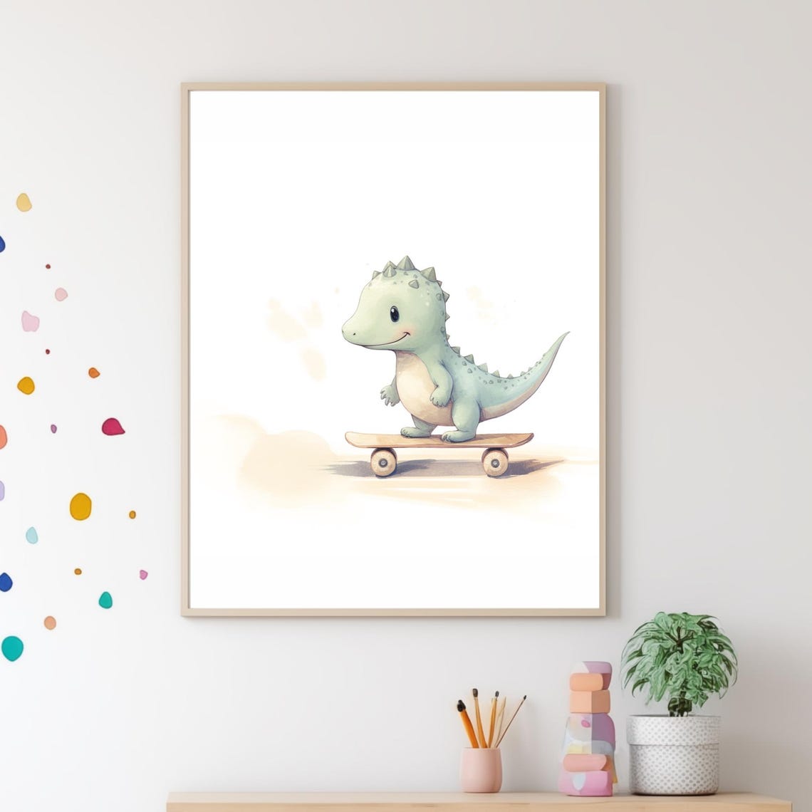 Cute Baby Dinosaur Skateboard Watercolor Kids Room Decor Wall Art