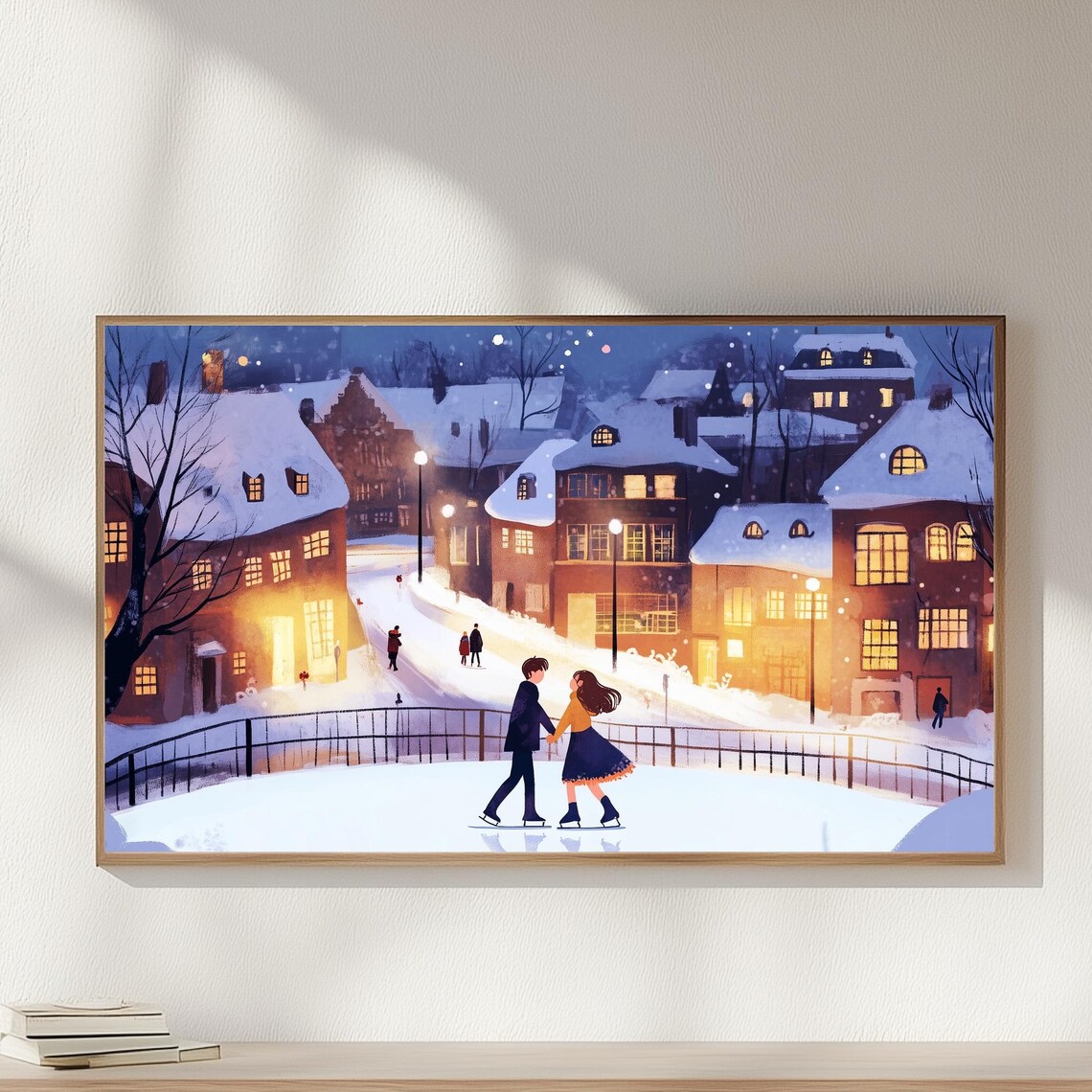 Couple Ice Skating In Snowy Village Night Lights Romantic Wall Art