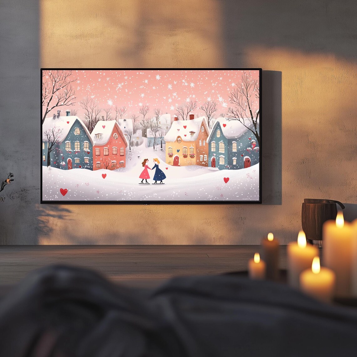 Couple Ice Skating Snowy Village Hearts Valentines Day Art TV Poster - Image 3