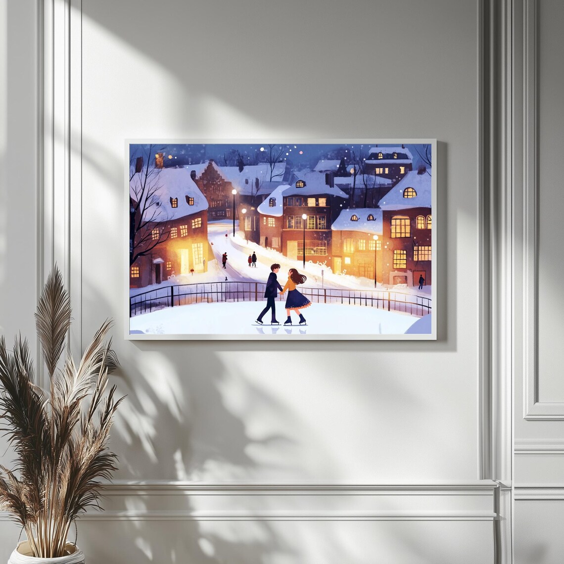 Couple Ice Skating In Snowy Village Night Lights Romantic Wall Art - Image 4