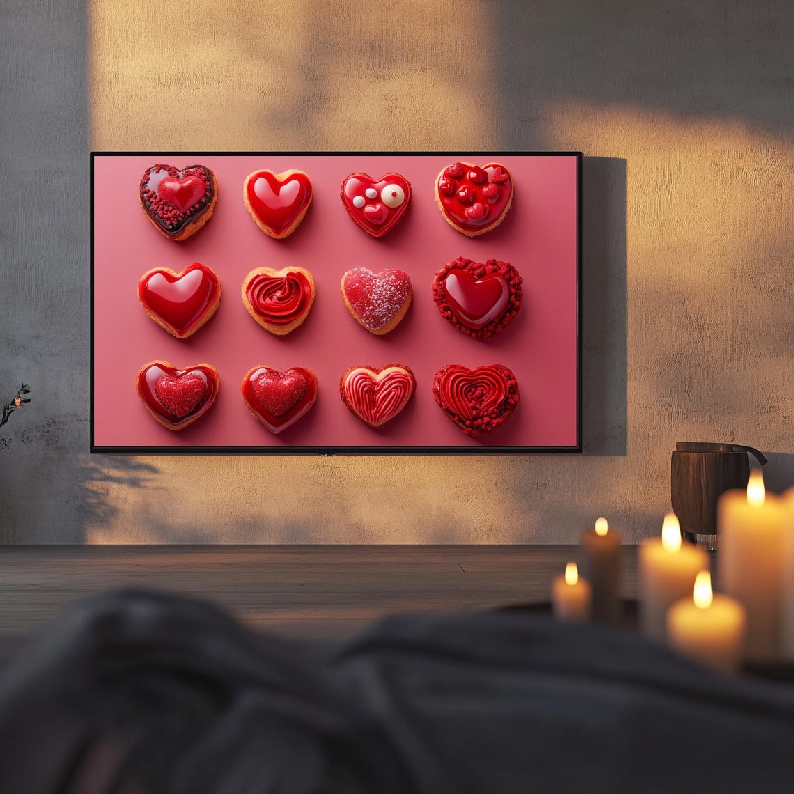 Red Heart Cookies Valentines Day Grid Pattern Dessert Art TV Poster - Image 3