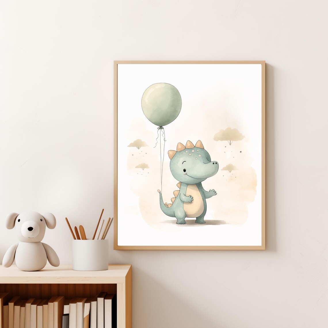 Cute Baby Dinosaur Balloon Watercolor Nursery Kids Room Wall Poster - Image 2