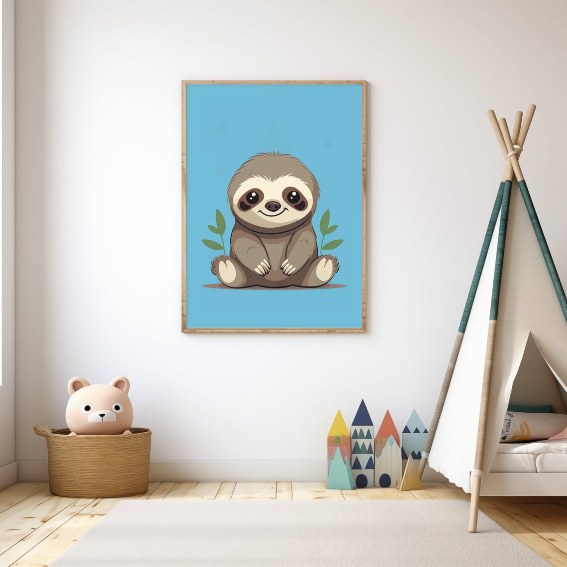 Cute Baby Sloth Cartoon Blue Nursery Jungle Kids Room Wall Poster - Image 3