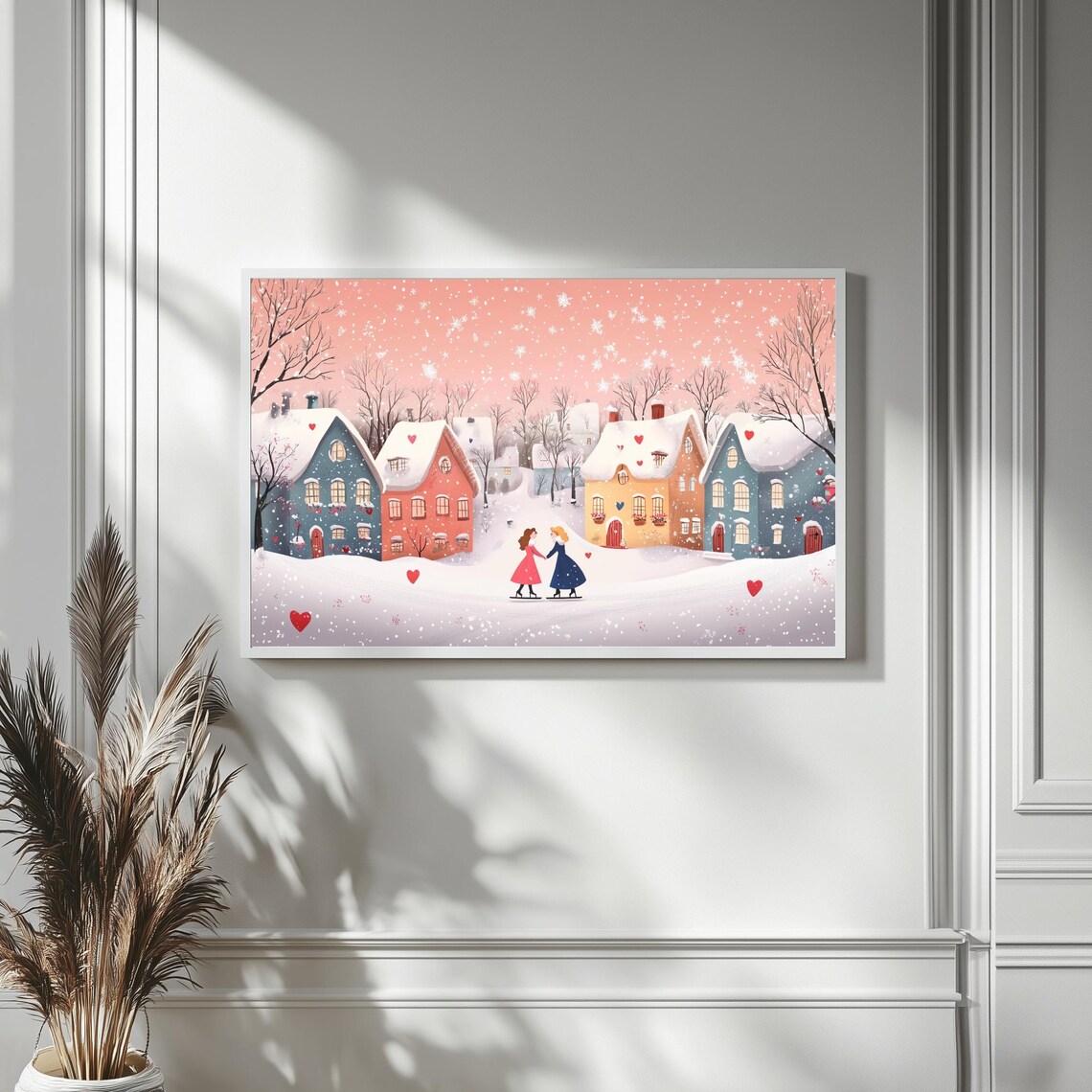 Couple Ice Skating Snowy Village Hearts Valentines Day Art TV Poster - Image 4
