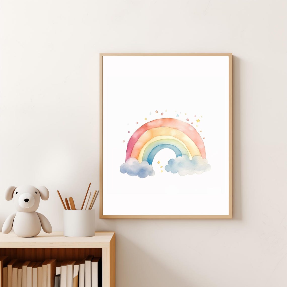 Watercolor Rainbow Clouds And Stars Pastel Nursery Wall Art Poster - Image 2