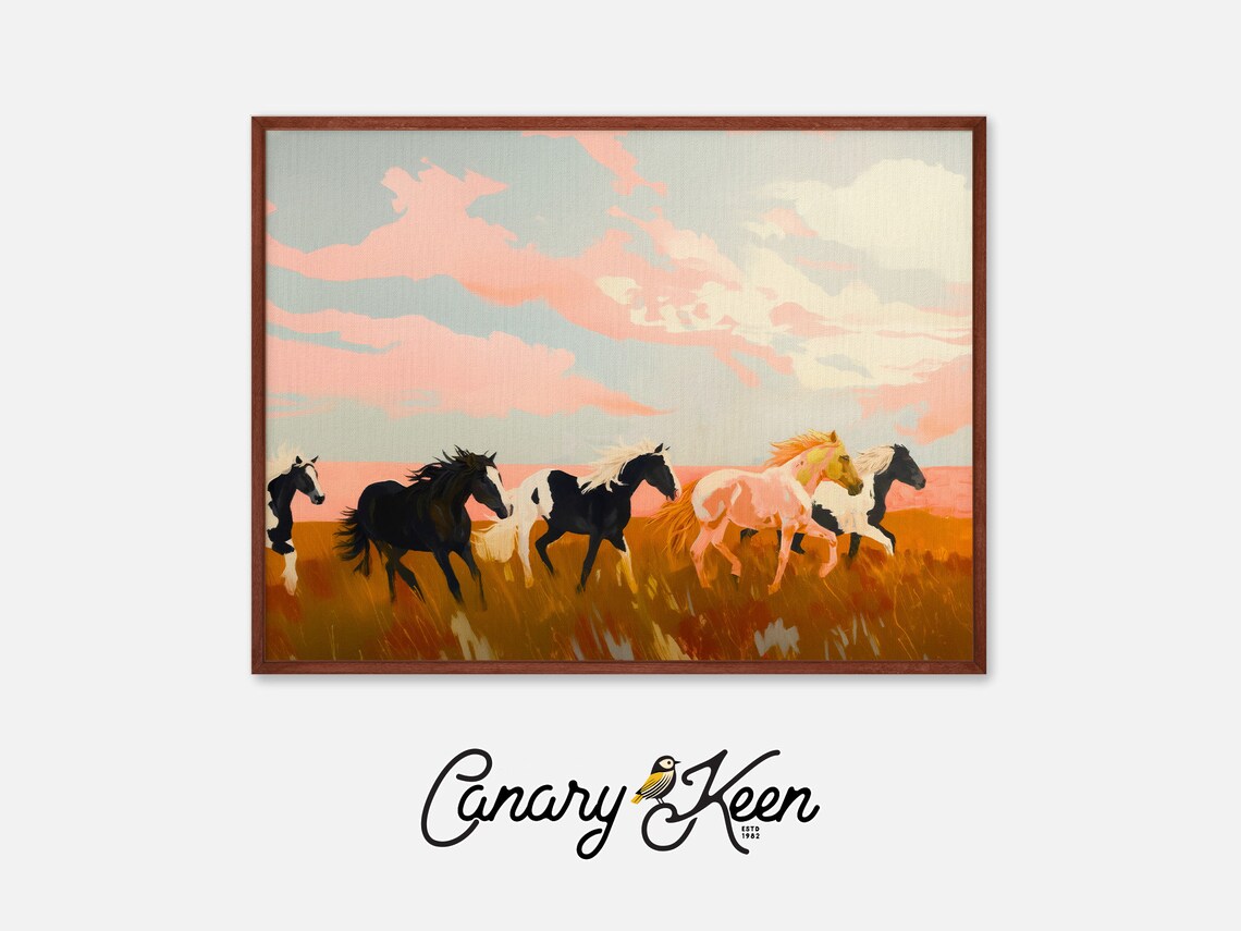 Wild Horses Running Through Golden Field At Sunset Western Art Poster
