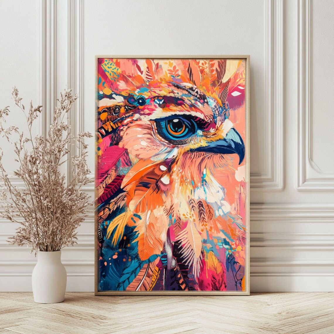 Colorful Owl Portrait Close Up Vibrant Feather Wildlife Art Poster