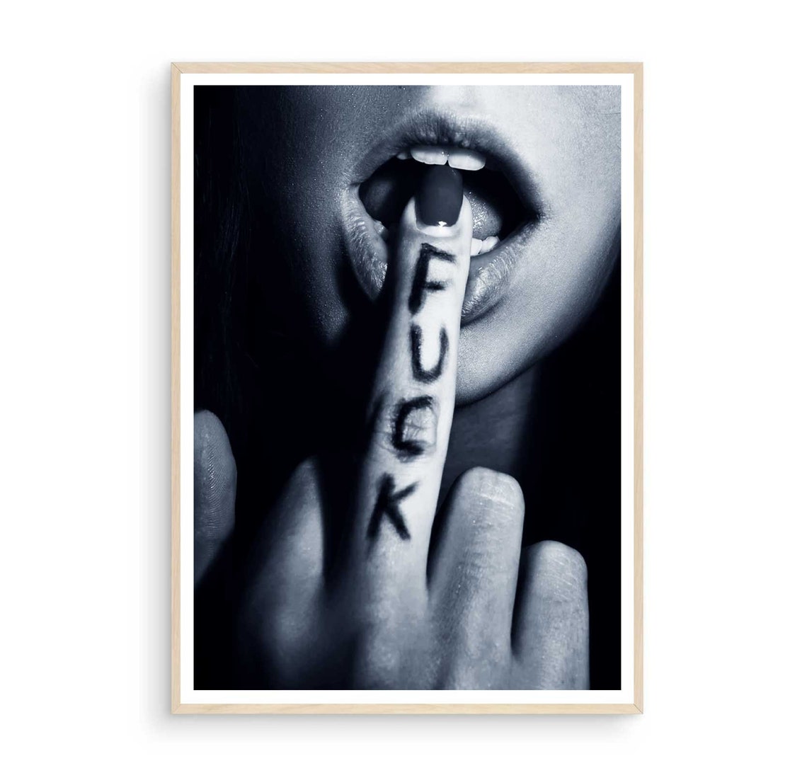 Defiant Middle Finger Close-Up Shot Black and White Photo Poster