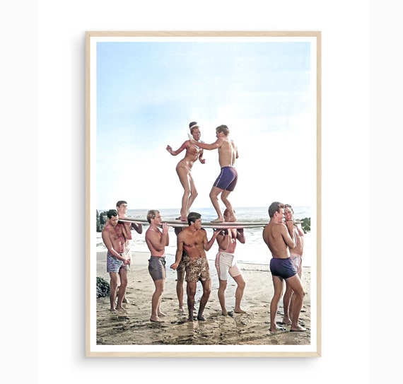 Party On A Surfboard Vintage Print In Color Vintage Surfboard Posters Vintage Surfing Wall Art Retro Surf Posters Retro Beach Vintage