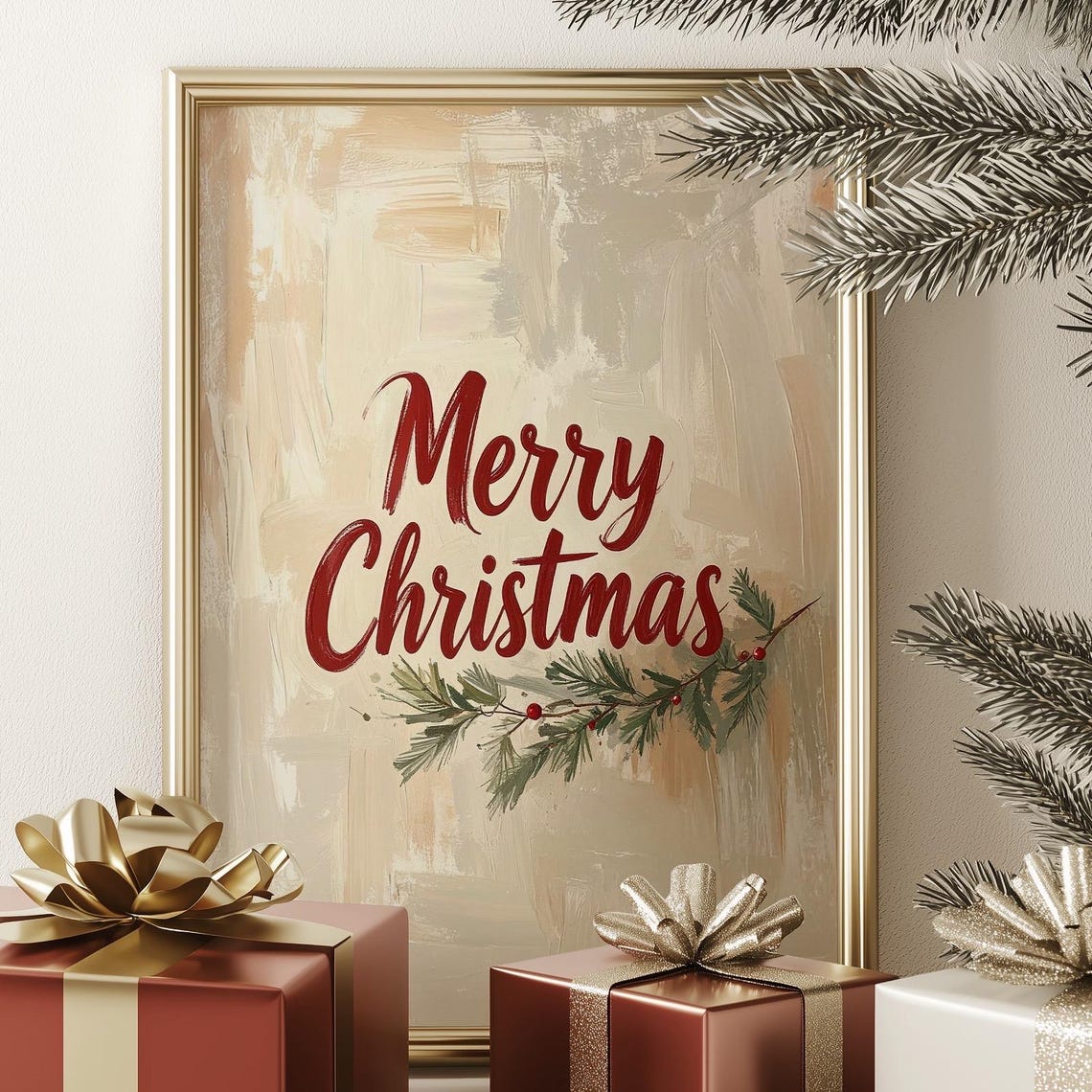 Merry Christmas Script Typography Beige Farmhouse Holiday Print