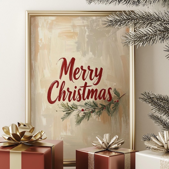 Merry Christmas Script Typography Beige Farmhouse Holiday Print