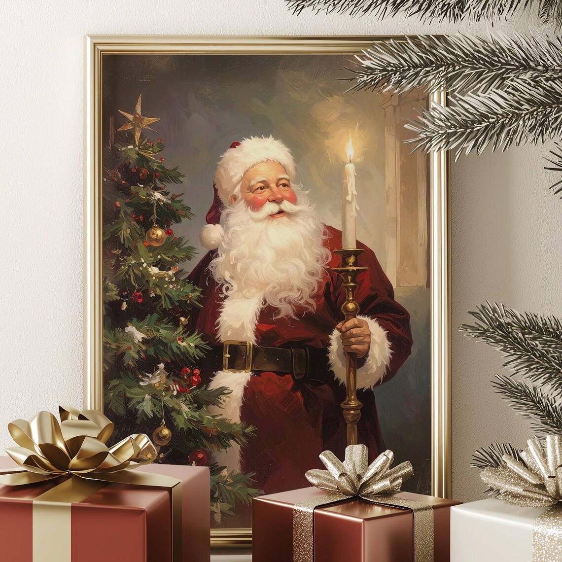 Vintage Santa Christmas Art Print, Cozy Holiday Decor