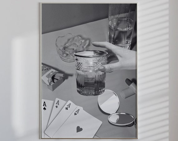 Black And White Cards And Drinks Wall Print Blue Poker Night Cards Drinks Retro Print Large Bar Cart Decor