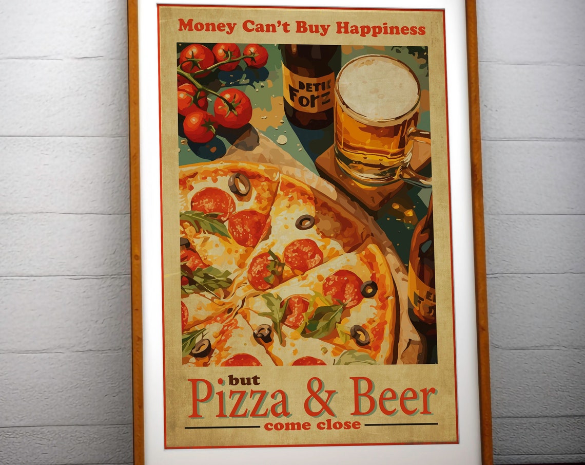 Pizza Beer Wall Art Print Vintage Style Kitchen Decor Foodie Gift Illustration Fun Dining Room Artwork