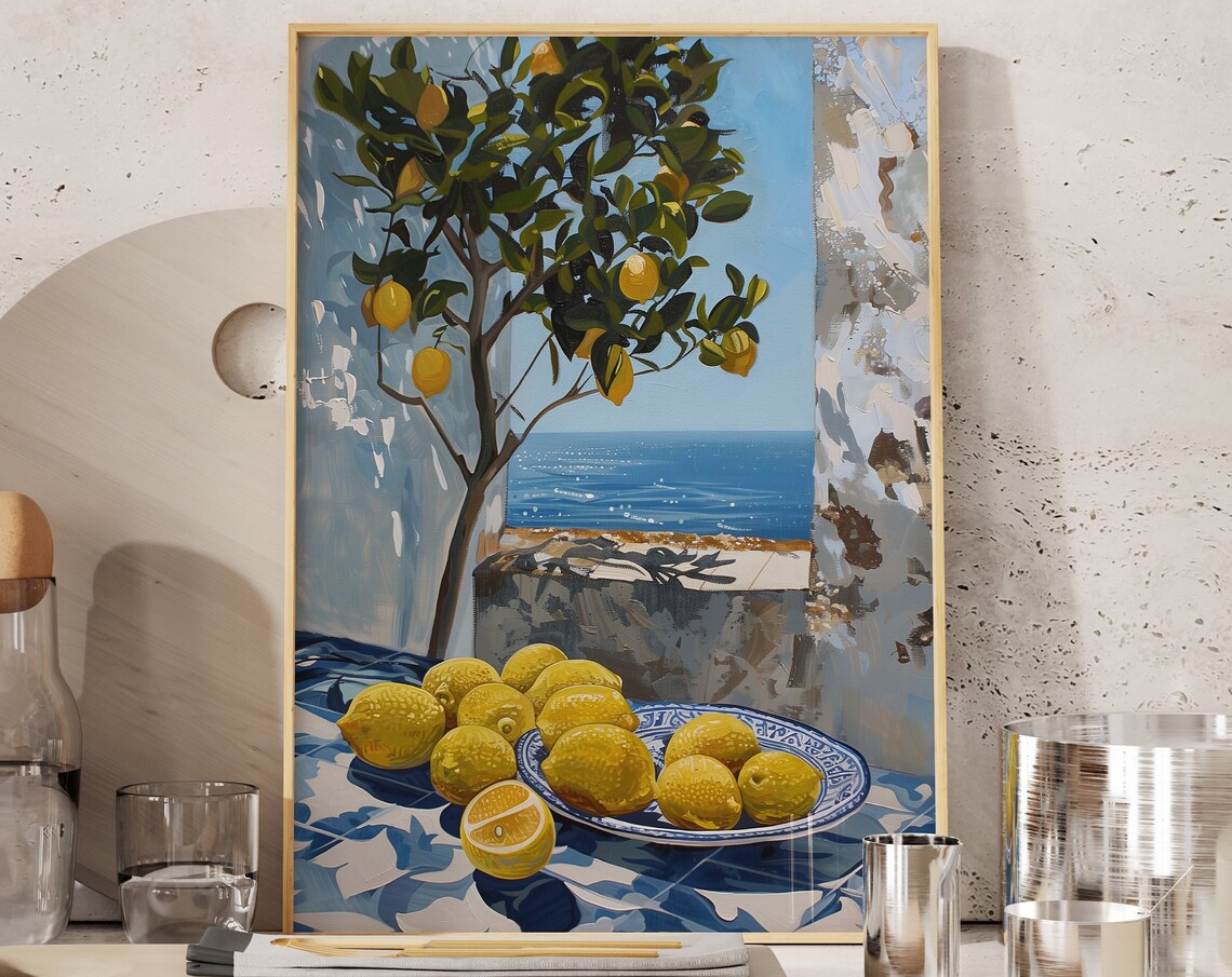 Lemon Tree Terrace Blue Sea Mediterranean Citrus Kitchen Art Poster