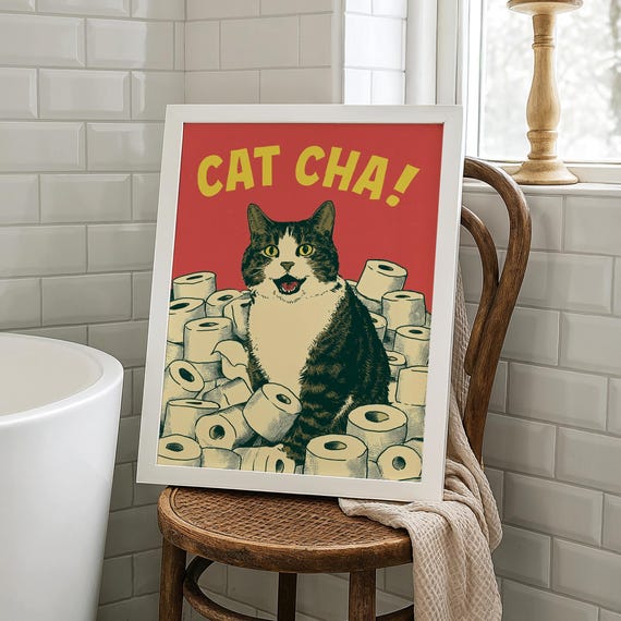 Funny Cat Bathroom Poster Retro Pop Art Toilet Paper Humor Print Quirky Wall For Lovers Sign