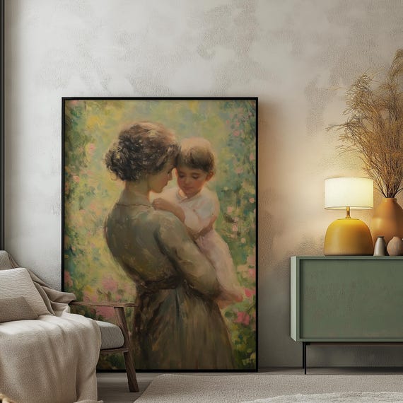 Gentle Mother Child Embrace Painting, Impressionist