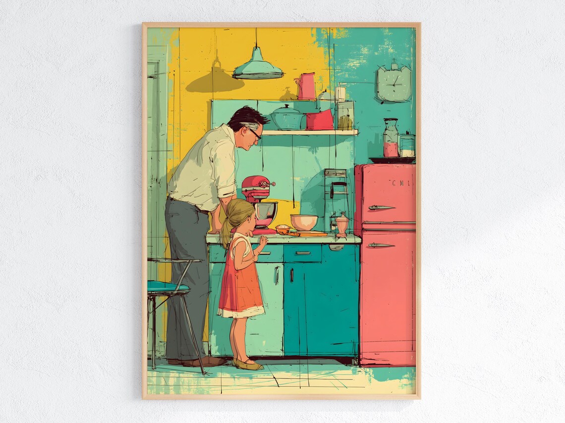 Mid Century Father Daughter Baking, Kitchen Gift For Dads