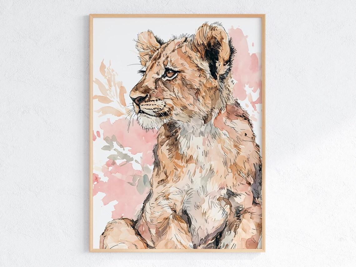 Adorable Lion Cub Watercolor Safari Nursery Art