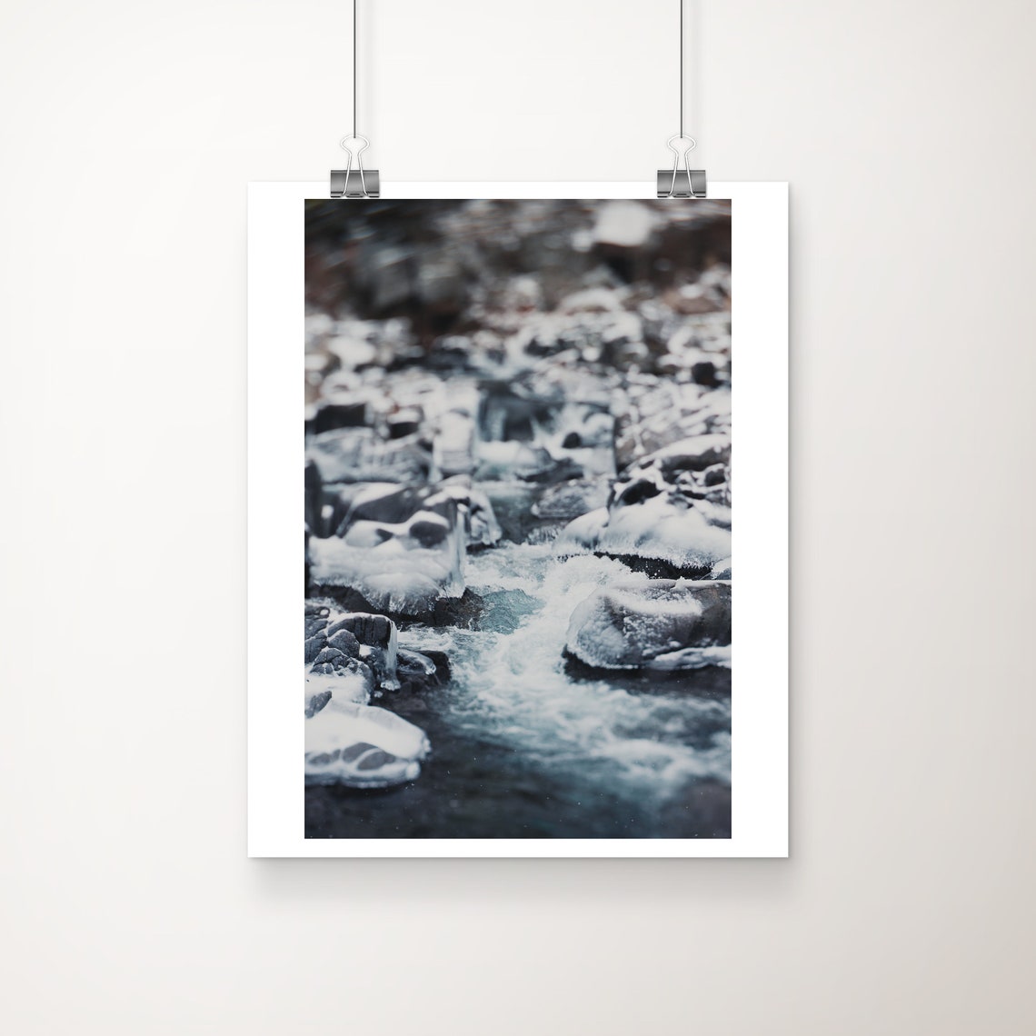 Frozen Winter River Rapids Close-Up Icy Water Moody Nature Poster