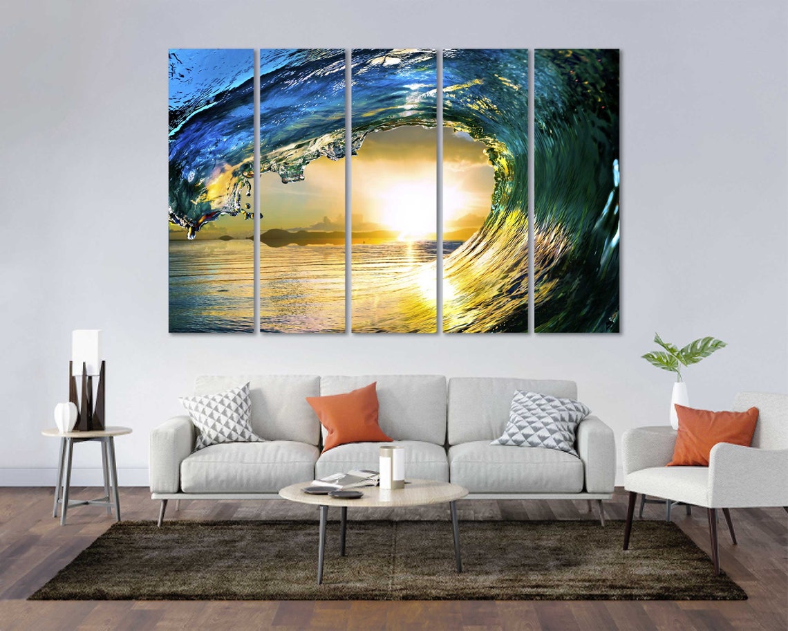 Ocean Wave Barrel Sunset Golden Light Surf Photography Wall Art - Image 2
