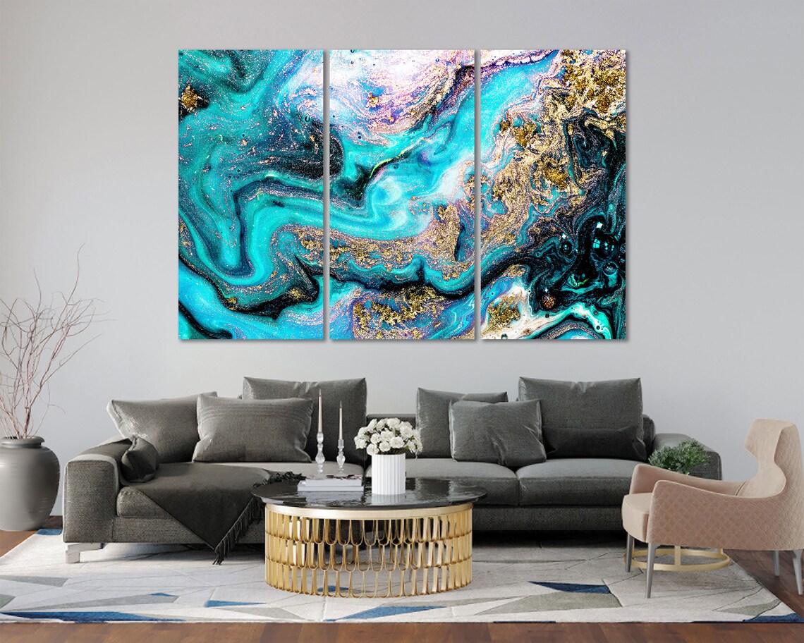 Abstract Acrylic Gold and Blue Decor Art Print - Image 2