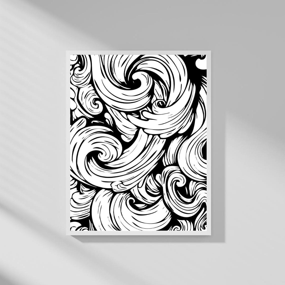 Bold Black and White Swirling Ocean Wave Line Abstract Art Poster