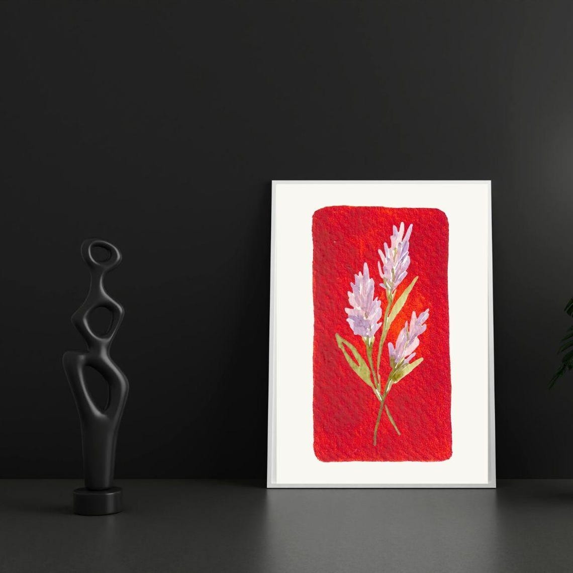 Red Watercolor Lavender Floral Minimalist Botanical Art Poster