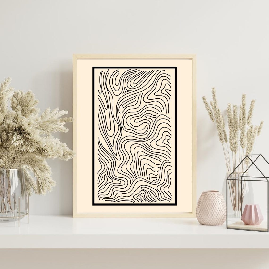 Minimalist Abstract Topographic Line Art Cream Black Contour Poster