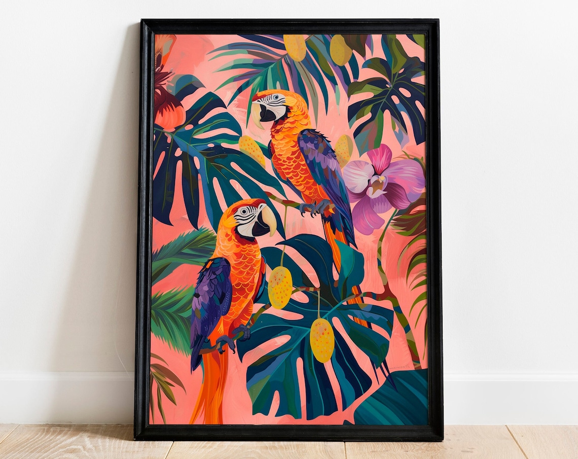 Colorful Parrot Jungle Art Print, Maximalist Safari