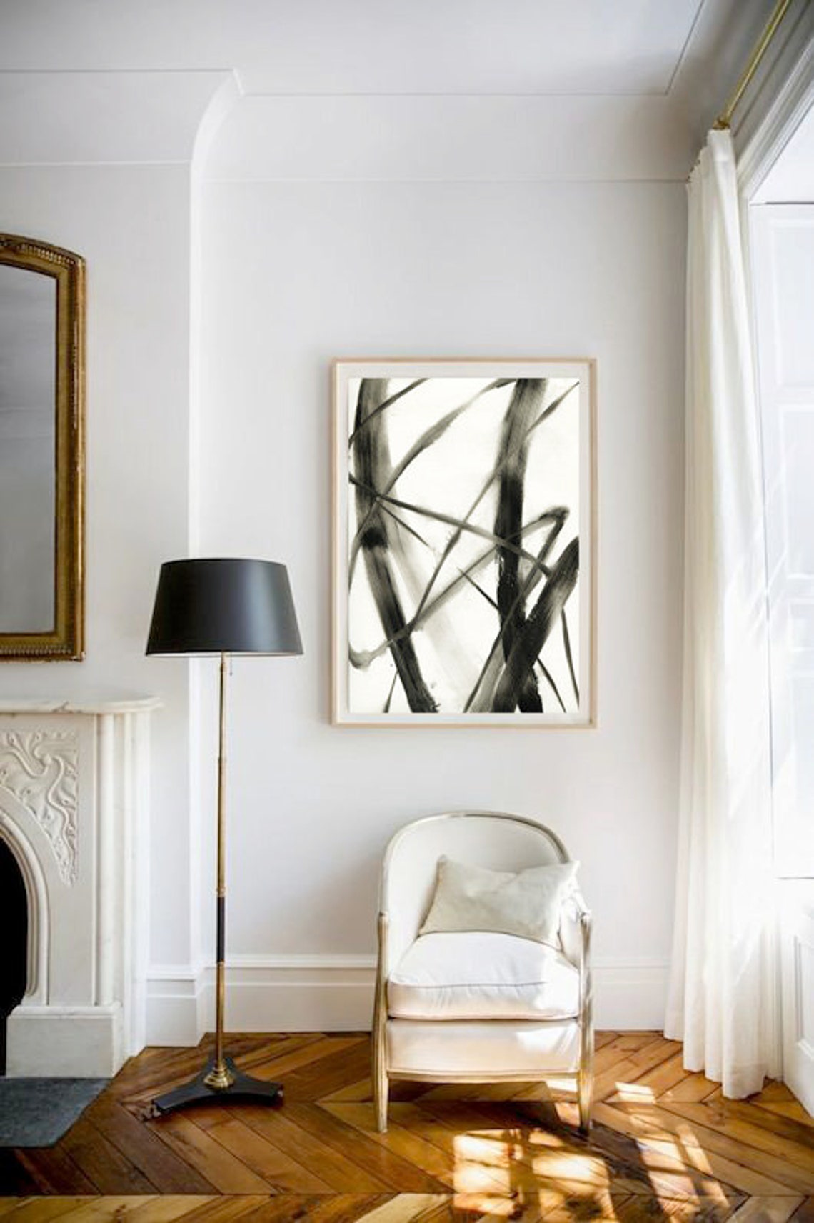 Black and White Bamboo Brushstroke Abstract Ink Style Art Print - Image 2