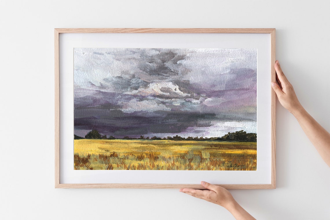 Golden Yellow Field Under Stormy Purple Sky Acrylic Landscape Poster