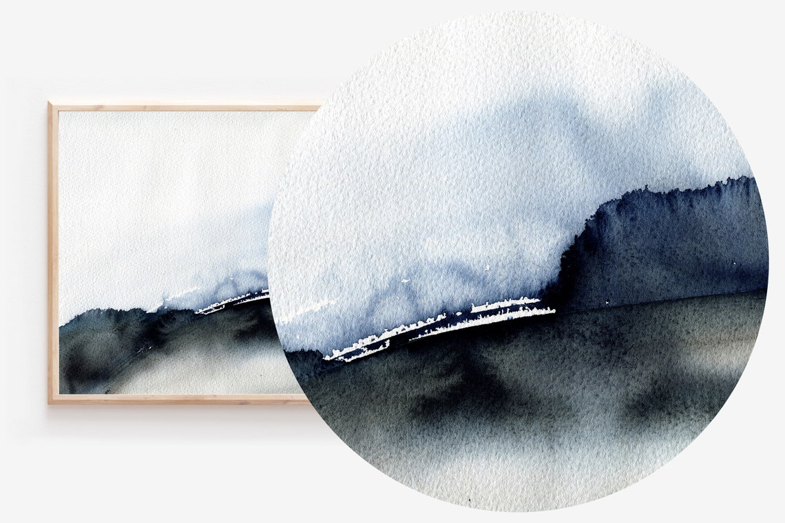 Abstract Watercolor Misty Landscape in Blue and Gray Wall Art - Image 2