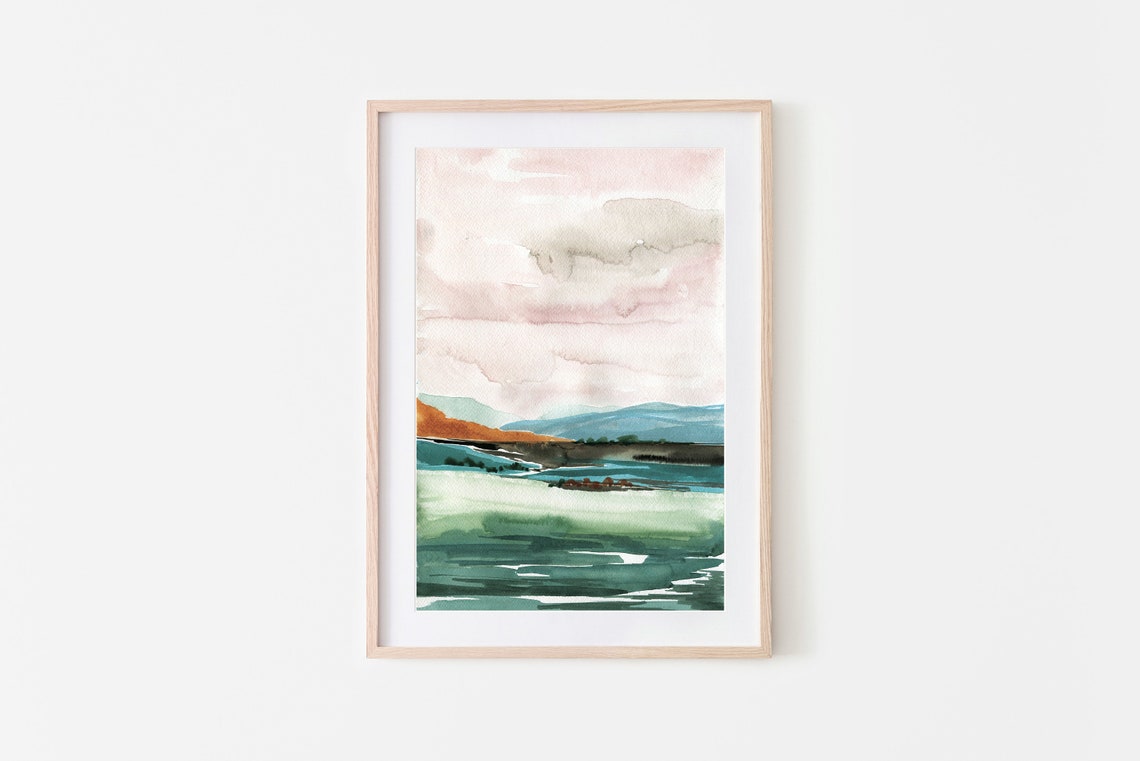 Pastel Landscape Poster Pink Sky Teal Sea Orange Hills Watercolor Art