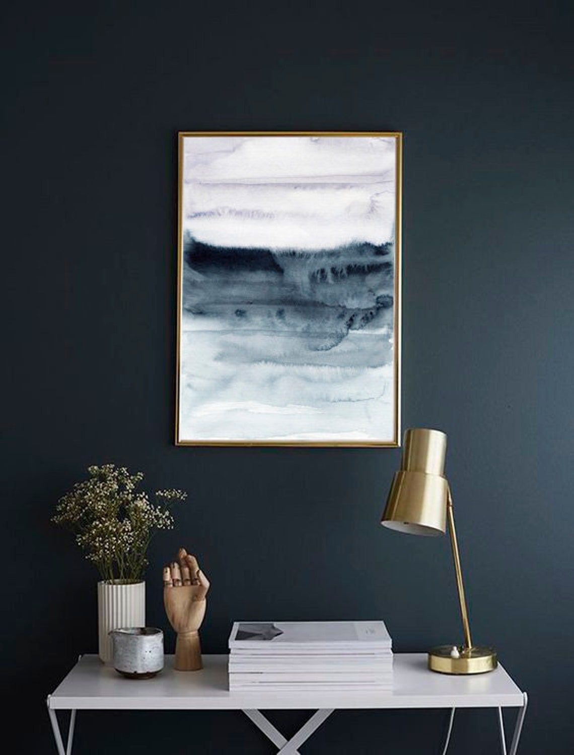 Gray And Blue Watercolor Stripes Minimalist Calm Abstract Art Print - Image 2