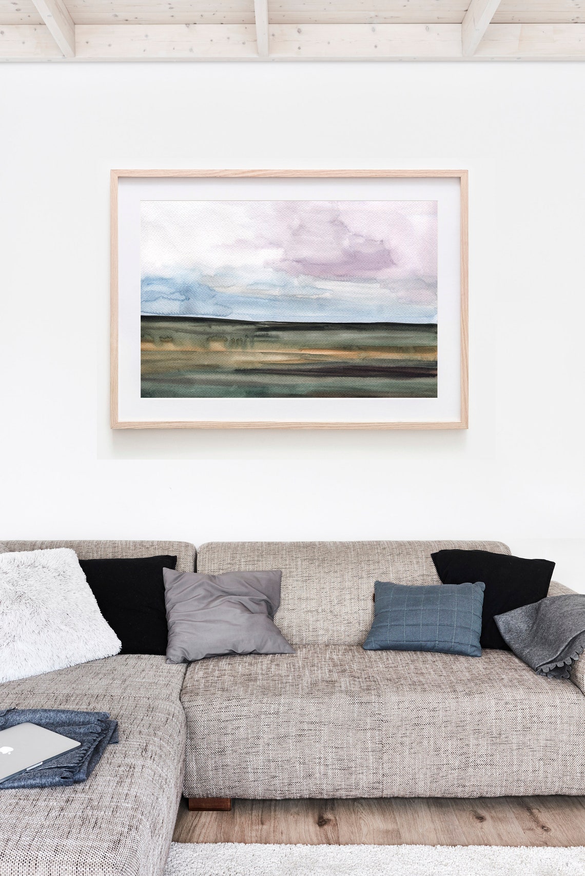 Muted Watercolor Landscape Rolling Hills Purple Sky Art Poster - Image 3