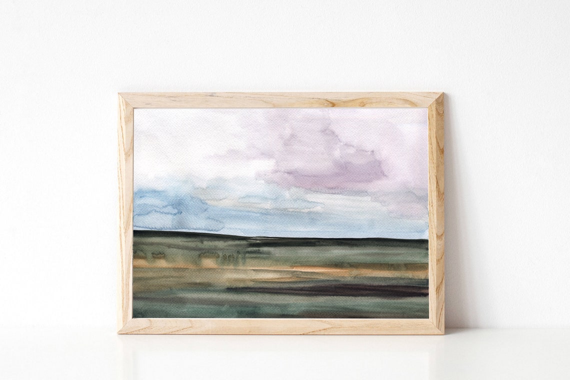 Muted Watercolor Landscape Rolling Hills Purple Sky Art Poster