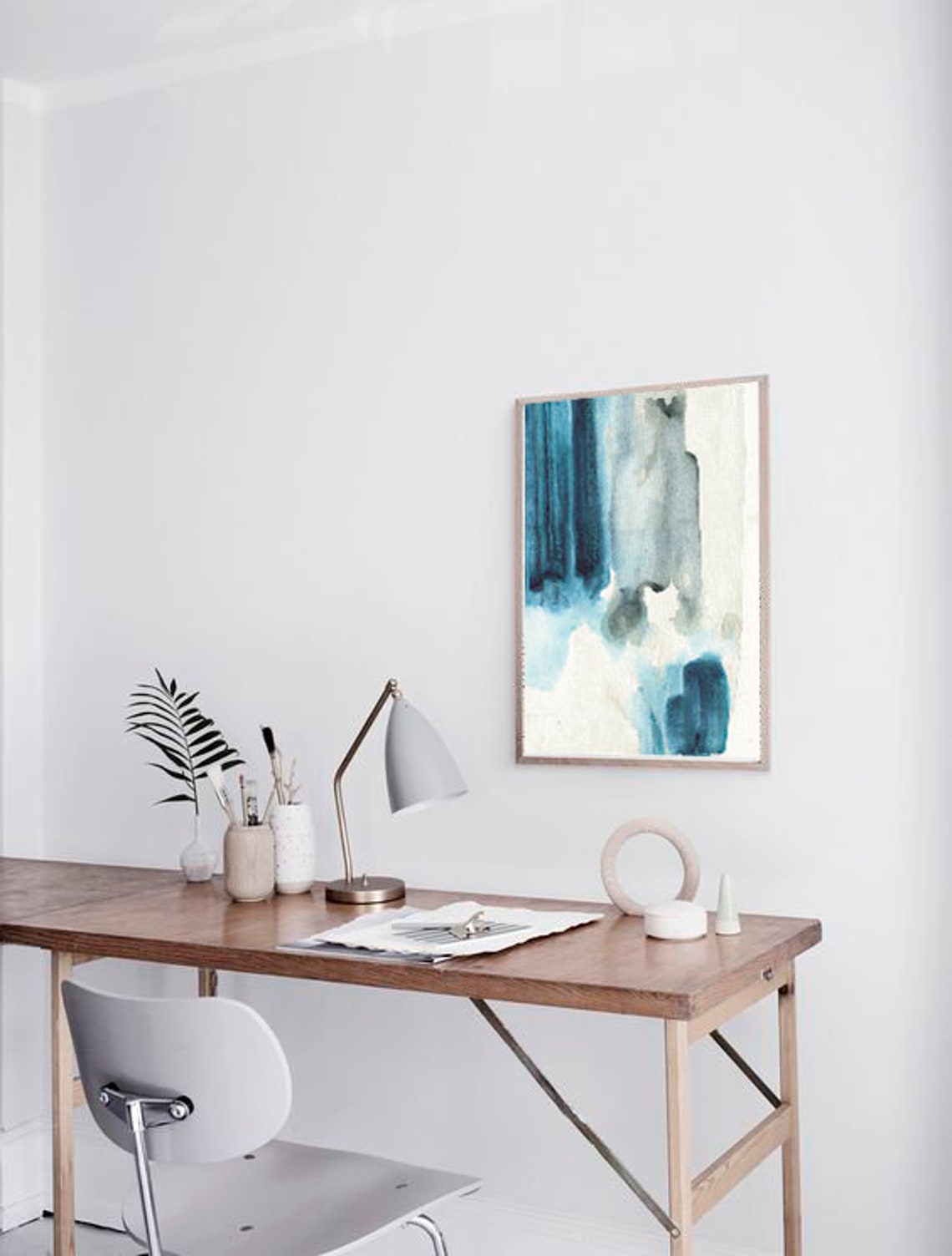 Blue Grey Abstract Watercolor Vertical Brushstroke Modern Art Print - Image 2